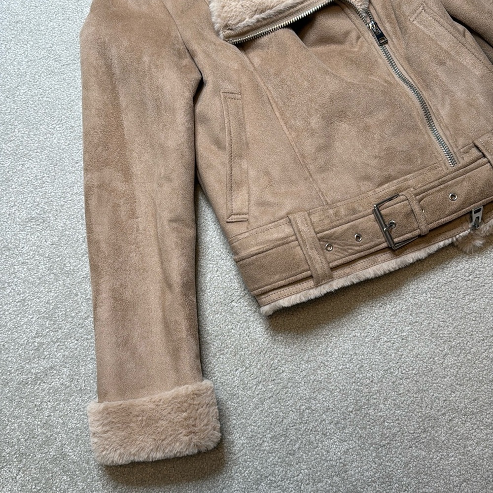 Topshop Camel Suedette Faux Fur Moto Biker Jacket with Belt - US 4 - Picture 3 of 10